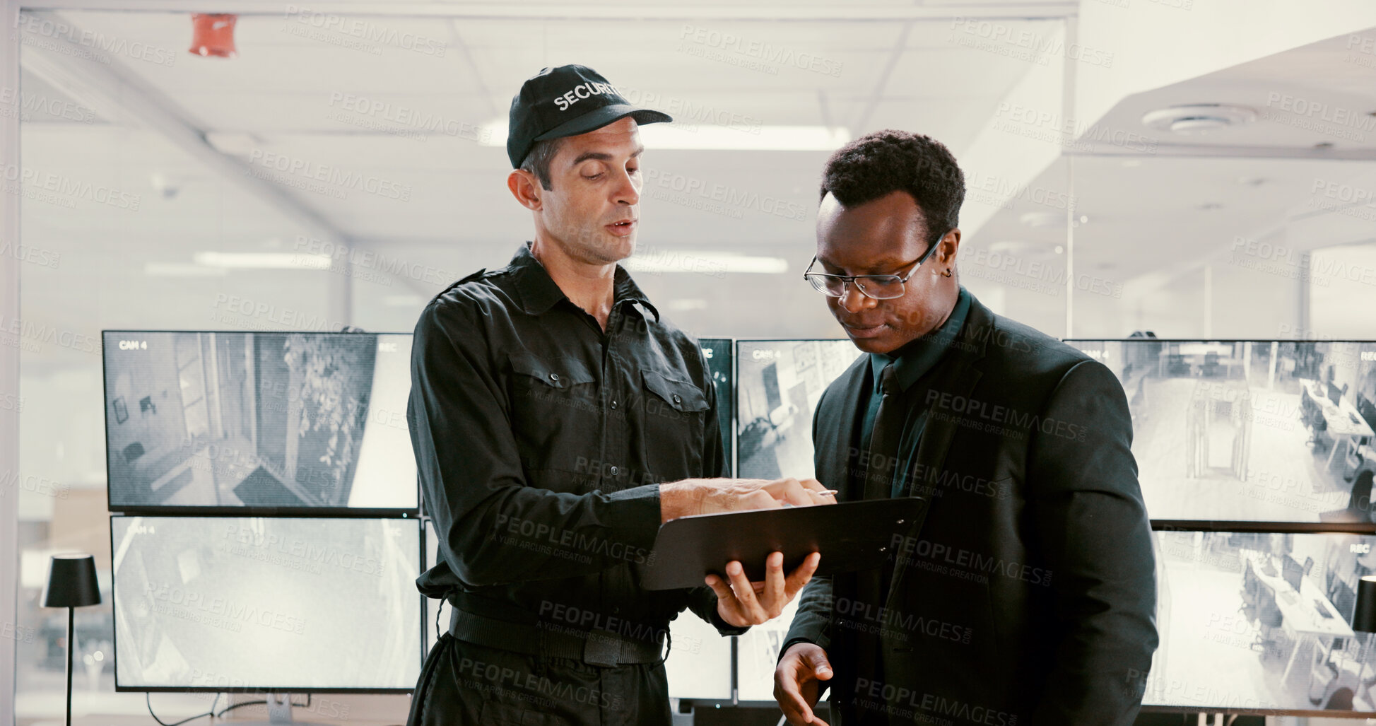 Buy stock photo Watching, surveillance and team with tablet, security and review of footage for safety or collaboration. Control room, talking and people with computer for observation, video and protection with tech