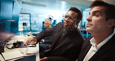 Buy stock photo Computer, trading and business people in office, conversation or internet with teamwork. Employees, traders or advice for investment, pc or financial growth with website info for stock market or help