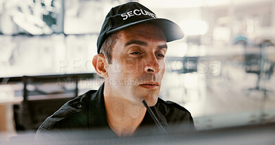 Buy stock photo Security guard, watching and man with computer, digital and surveillance for safety in control room. Thinking, online and person with tech for footage, serious and video for protection in office