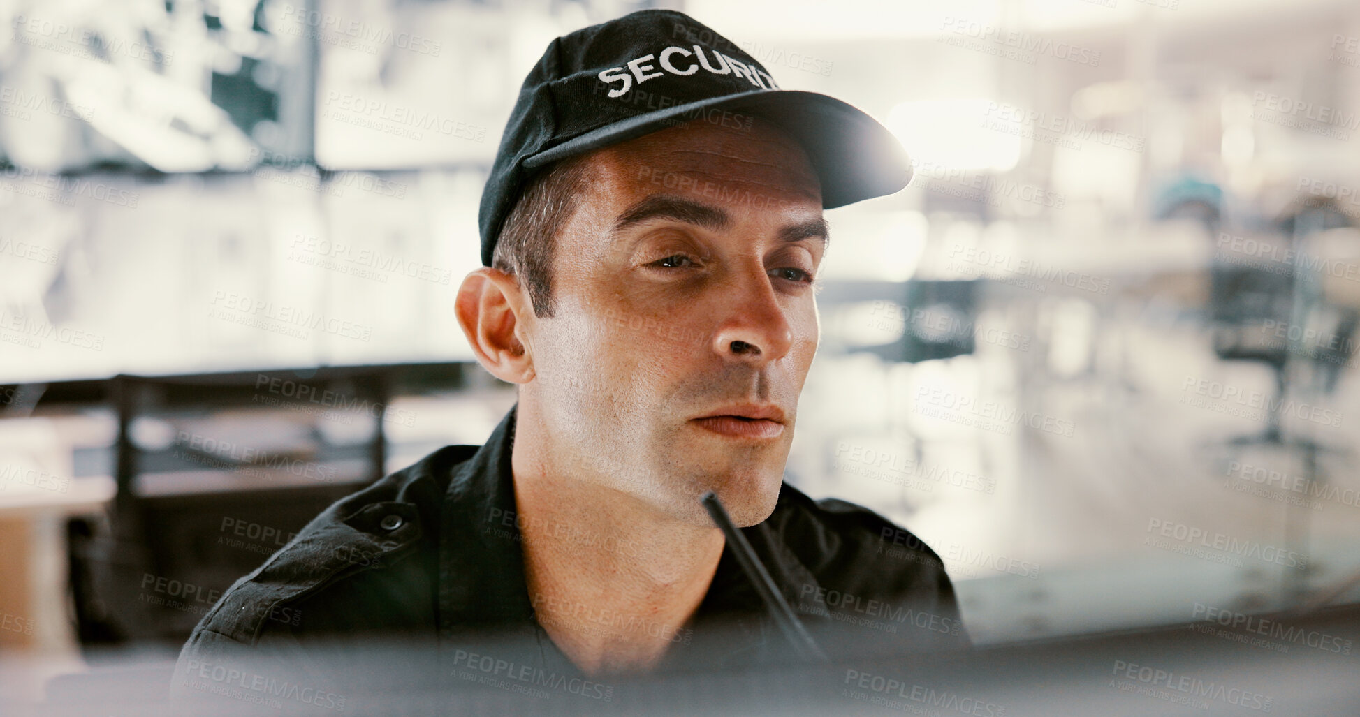 Buy stock photo Security guard, watching and man with computer, digital and surveillance for safety in control room. Thinking, online and person with tech for footage, serious and video for protection in office