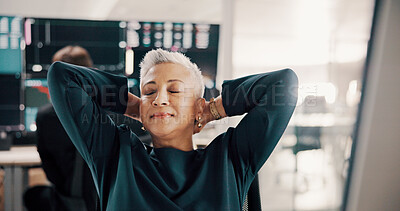 Buy stock photo Business woman, done and relief at office with trading, smile or stats for stock market for investment firm. Mature person, broker and financial advisor with thinking, relax and profit at company