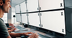Man, screen or space on computer in data center for trading, finance or stock market prices. Analysis, tracking markers or traders typing on monitor with desktop, mockup or technology in control room