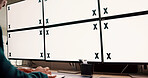 Man, screen or space on monitor in data center for trading, finance or stock market prices. Closeup, tracking markers or trader typing on computer with desktop, mockup or technology in control room