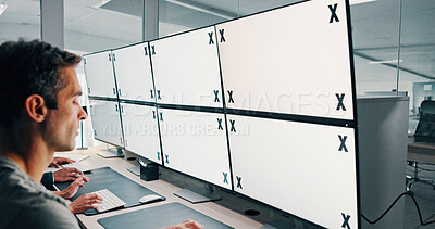 Buy stock photo Man, screen or space on monitor in control room for trading, finance or stock market prices. Closeup, tracking markers or trader typing on computer with desktop, mockup or technology in data center
