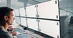 Man, screen or space on monitor in control room for trading, finance or stock market prices. Closeup, tracking markers or trader typing on computer with desktop, mockup or technology in data center