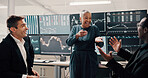 Computer screen, laughing and stock market with business people in office together for investment or trading. Finance, meeting and portfolio management with funny broker or trader team in workplace