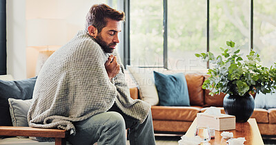 Buy stock photo Sick, man and fever with blanket in home for flu symptoms, pneumonia and medical condition on sofa. Illness, person and virus infection in living room with influenza cold, fatigue or high temperature