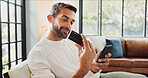 Home, man and smile with phone for credit card, password and banking app for subscription. House, male person and happy with mobile for debit details, online shopping and payment for website on sofa