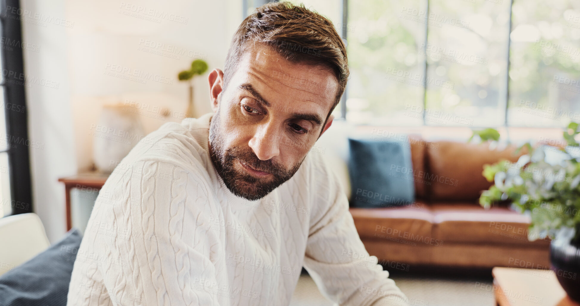 Buy stock photo Thinking, sad and man in home with stress for challenge, bankruptcy or financial crisis. Depression, worry and person with concern for doubt, regret mistake and debt with reflection for mental health