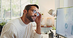 Thinking, charts and man on computer in home for review of graphs for report, finance or data analysis. Online, remote work or financial analyst with screen for research, solution or problem solving