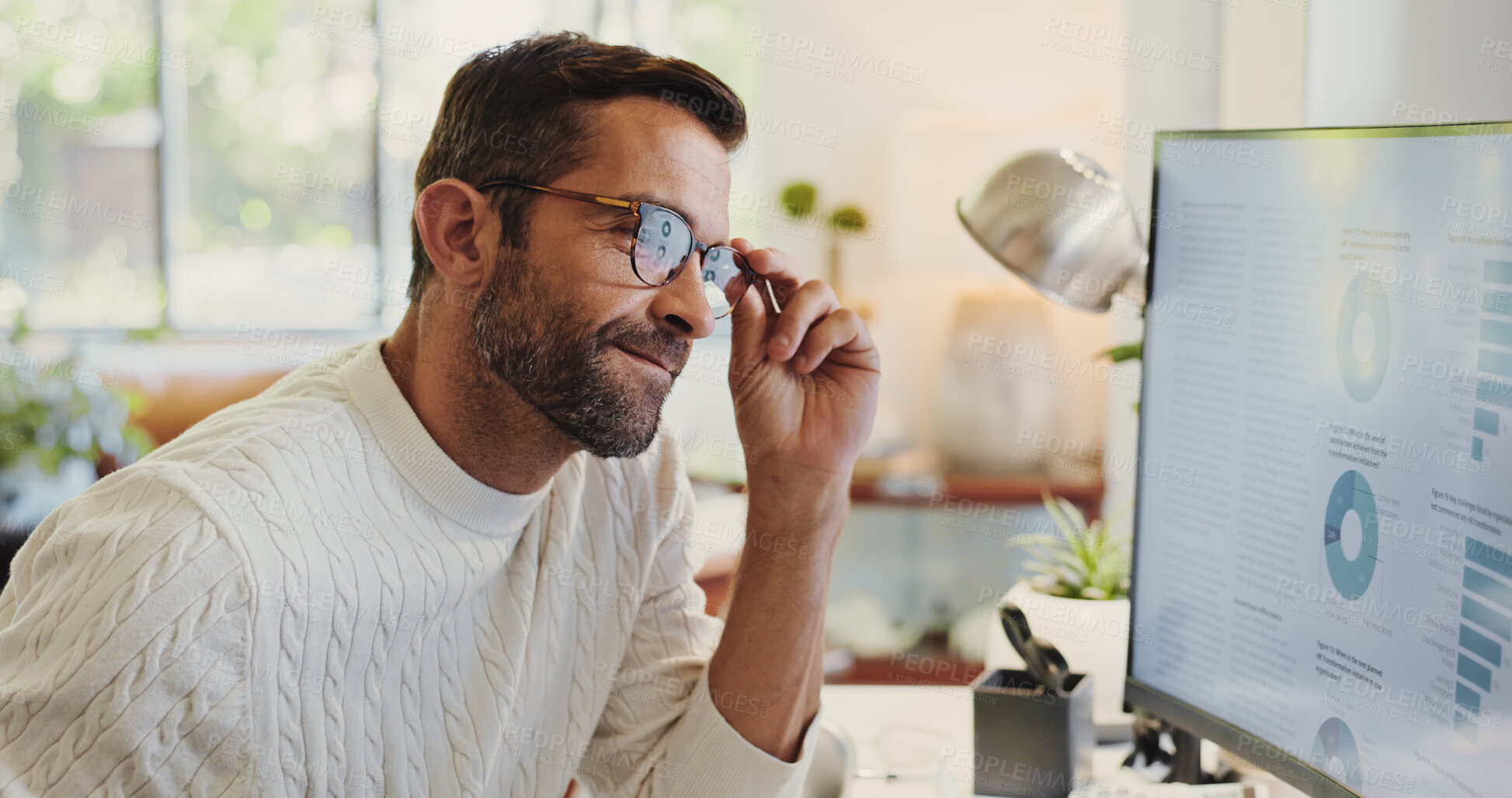 Buy stock photo Reading, charts and man on computer in home for review of graphs for report, thinking or data analysis. Online, remote work or financial analyst with screen for research, solution or problem solving