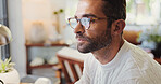 Glasses, man and remote work on computer for finance, online investment or portfolio management. Reflection, stock market and trader with freelance broker in home to research economic trends or info