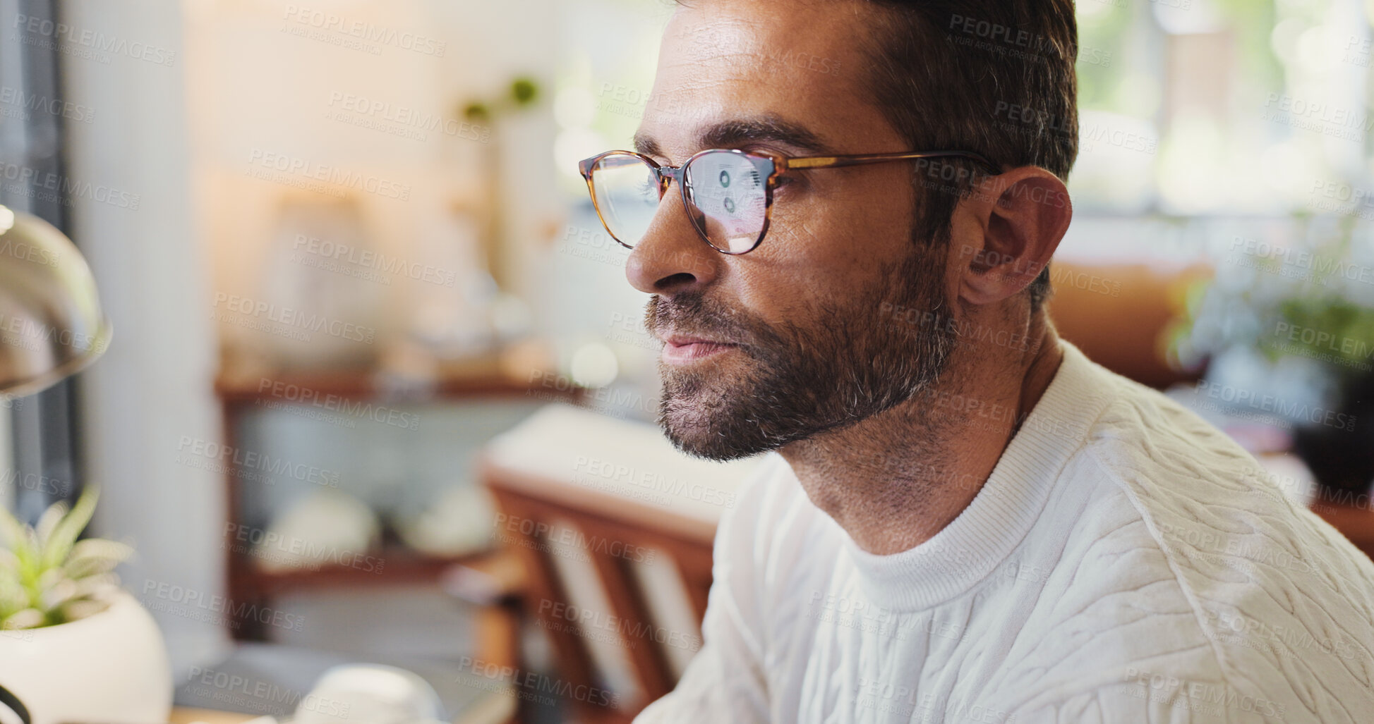 Buy stock photo Glasses, man and remote work on computer for finance, online investment or portfolio management. Reflection, stock market and trader with freelance broker in home to research economic trends or info