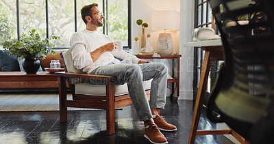 Buy stock photo Coffee, smile and thinking with man on chair in living room of home for break, satisfaction or wellness. Drink, future and planning with happy person in apartment for morning or weekend beverage