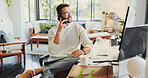 Remote work, computer and man with phone call for discussion, networking and listen to news source. Freelancer, journalist and mobile at home for article questions, information and facts verification