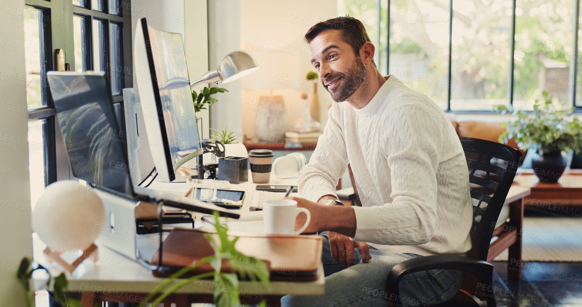 Buy stock photo Business, laptop and man with writing in home office for startup proposal planning, administration and schedule. Remote work, web design and happy person with agenda notes at desk for online research