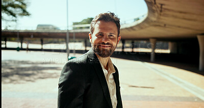 Buy stock photo Portrait, businessman and outdoor with happiness for travel, pride and lawyer with confidence in morning. Urban, male person and attorney with smile for career, legal aid and commute to workplace