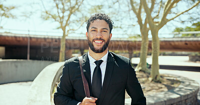 Buy stock photo Outdoor, businessman and portrait with smile for travel, commute and lawyer with confidence in morning. Urban, male person and attorney with happiness for career, legal aid and journey to workplace