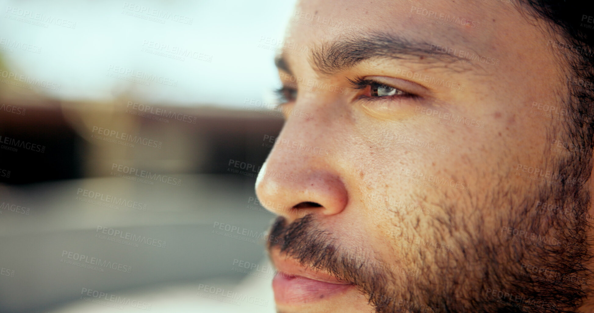 Buy stock photo Thinking, closeup and vision with man in city for reflection, future and business commute. Memory, brainstorming and decision with male person and urban outdoor for solution, planning and wonder