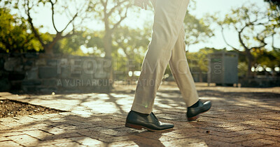 Buy stock photo Business, man and walking with feet outdoor for morning commute, journey to work and corporate travel. Professional, person and shoes at park for career opportunity, movement and departure in nature