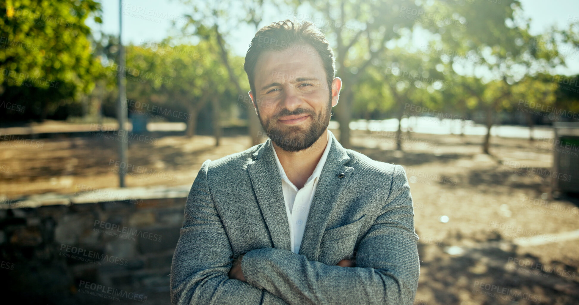 Buy stock photo Outdoor, businessman and portrait with confidence for travel, commute and lawyer with smile in morning. City, male person and attorney with arms crossed for career, legal aid or advocate to workplace