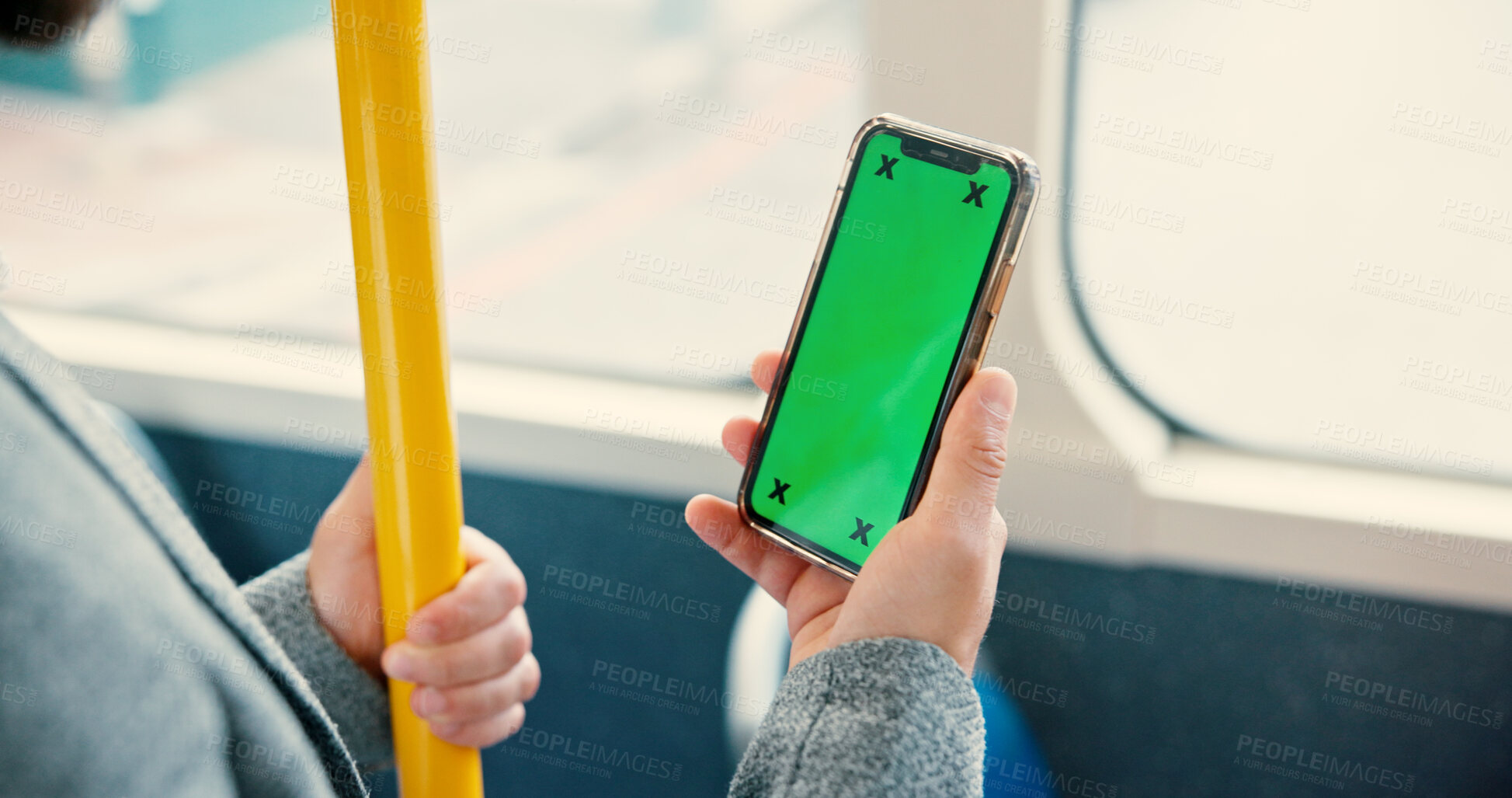 Buy stock photo Hand, smartphone and green screen in bus, app and user experience with tracking markers on commute. Person, phone and ui display with travel, mock up space and contact on public transportation