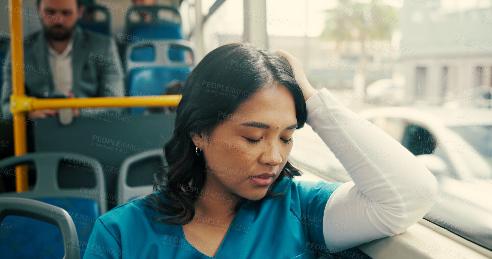 Buy stock photo Tired nurse, woman and sleeping on bus for travel journey, shift burnout and healthcare fatigue. Morning commute, health professional and exhausted on public transport with nap, city traffic and rest