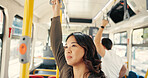 Relax, thinking and travel with woman on bus for reflection, journey and adventure trip. Public transportation, vision and tourism with person in tram vehicle for passenger, commuter and destination