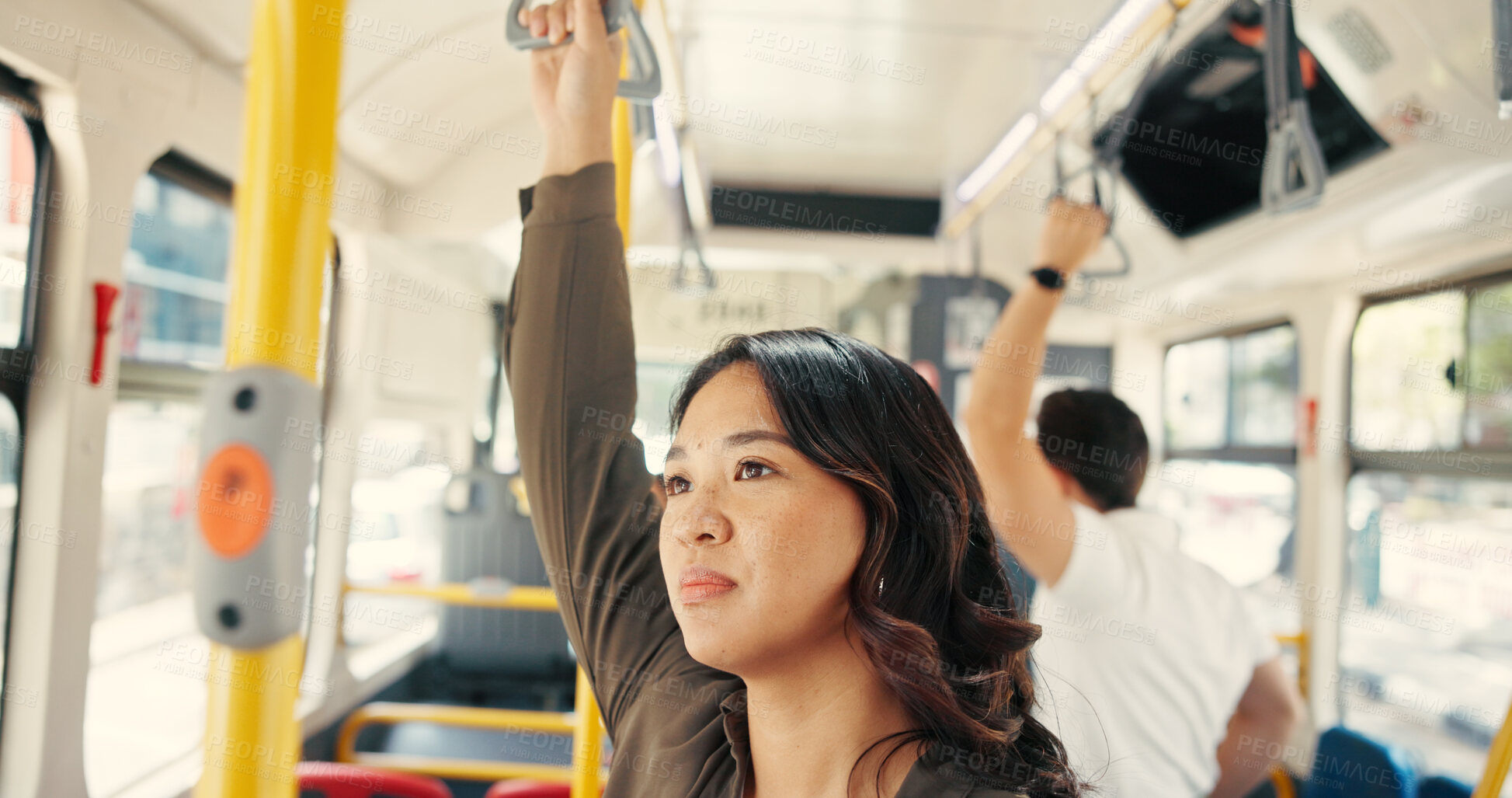 Buy stock photo Relax, thinking and travel with woman on bus for reflection, journey and adventure trip. Public transportation, vision and tourism with person in tram vehicle for passenger, commuter and destination