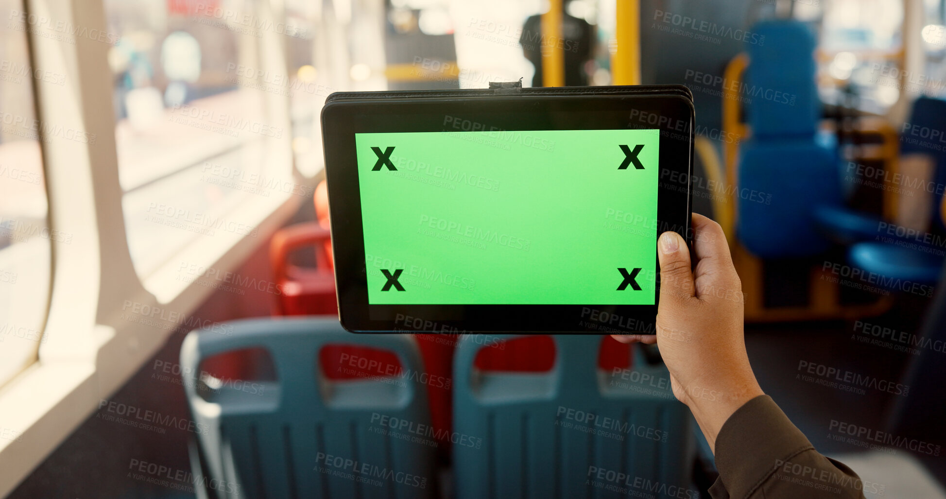 Buy stock photo Hand, person and tablet with green screen in bus, travel and user experience with tracking marker. Passenger, digital touchscreen and ui display on app, mock up space and contact on public transport