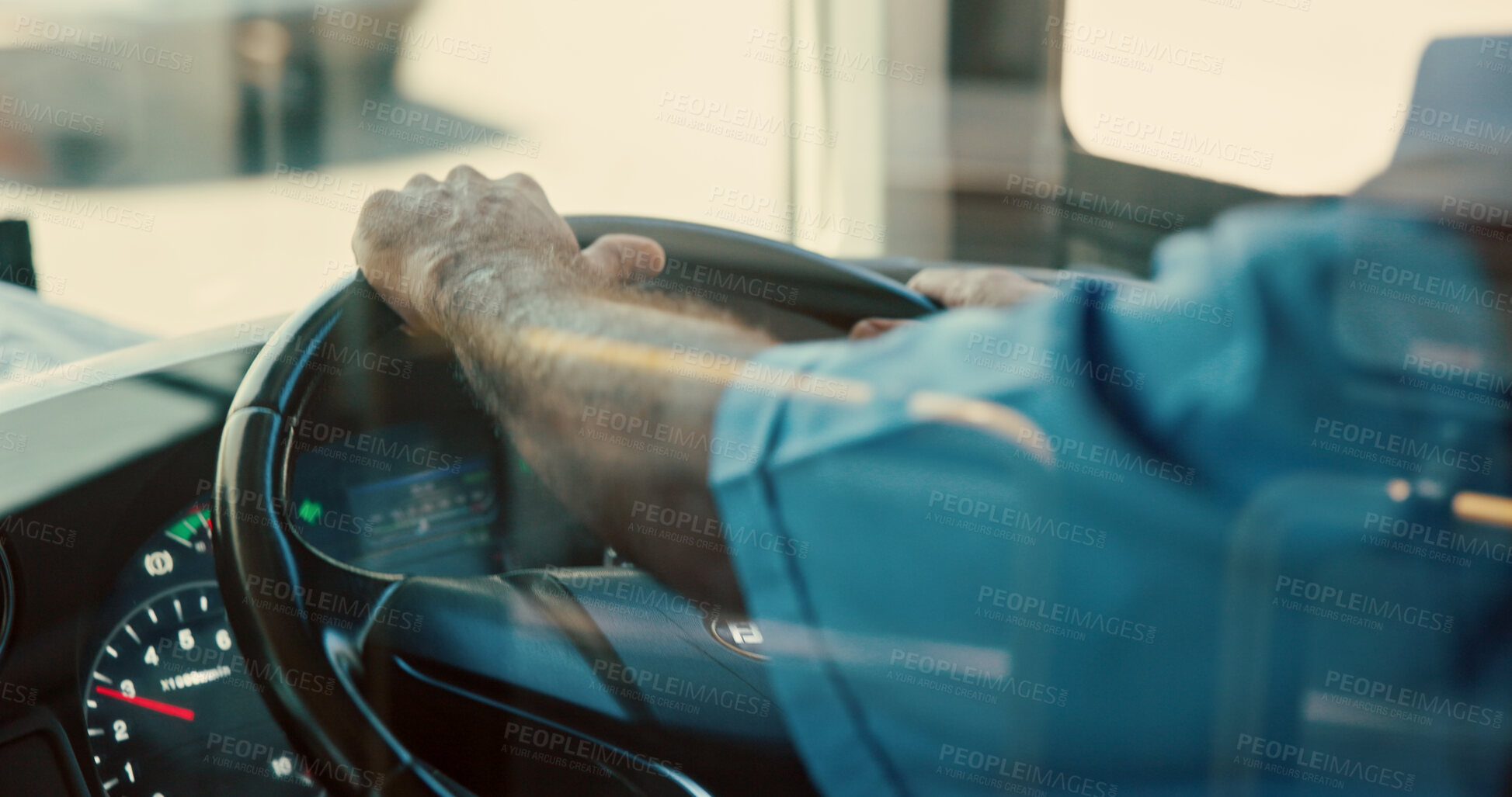 Buy stock photo Hands, wheel and person for driving bus for public transportation, local service and urban travel. Man, drive and control vehicle for passengers safety, traffic skills and navigation for city journey