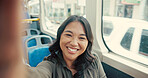 Woman, face and smile in bus selfie for happy memory, social media post or sightseeing adventure. Portrait, road trip or photography in public transport for journey, commute or profile picture update