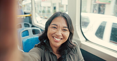 Buy stock photo Woman, face and smile in bus selfie for happy memory, social media post or sightseeing adventure. Portrait, road trip or photography in public transport for journey, commute or profile picture update
