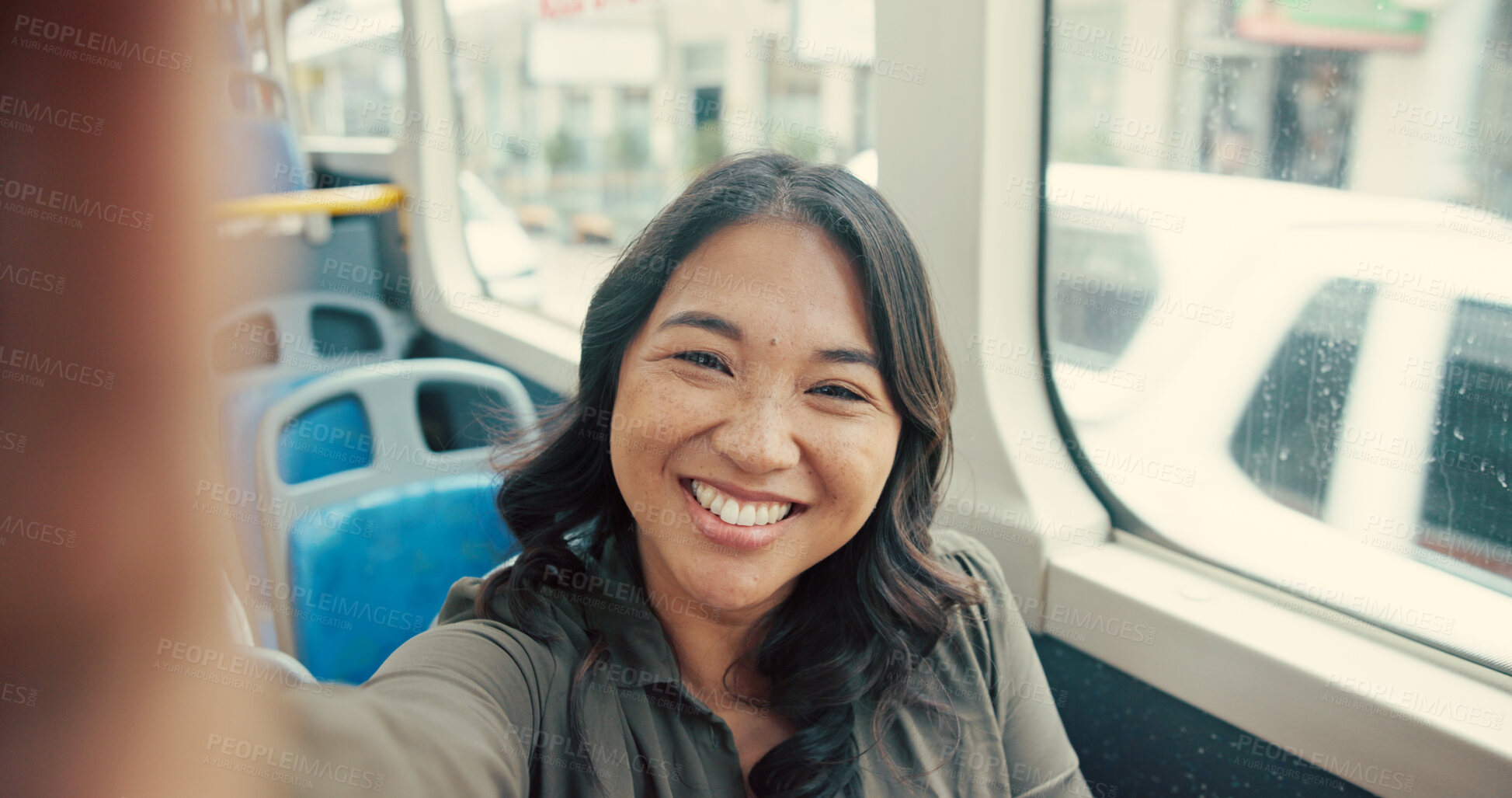 Buy stock photo Woman, face and smile in bus selfie for happy memory, social media post or sightseeing adventure. Portrait, road trip or photography in public transport for journey, commute or profile picture update