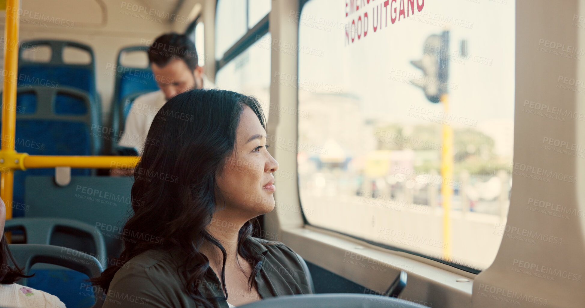Buy stock photo Travel, woman and happy with window view on bus for journey, sightseeing adventure and morning commute. Passenger, person and smile on public transport for trip destination, tourist location and ride