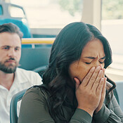 Sneeze, sick passenger or woman on bus to travel with flu symptoms ...