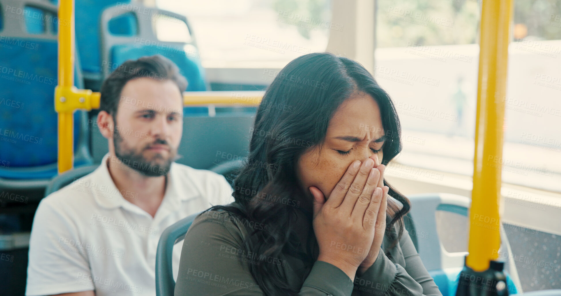 Buy stock photo Sneeze, sick passenger or woman on bus to travel with flu symptoms, sinus illness or bacteria. Nose, virus or person with nasal infection on public transport for allergy season or morning commute