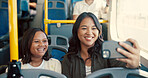 Mother, child and journey on bus with selfie for trip memory, social media post and urban adventure. Bonding, people and photography in public transport for travel, commute or profile picture update