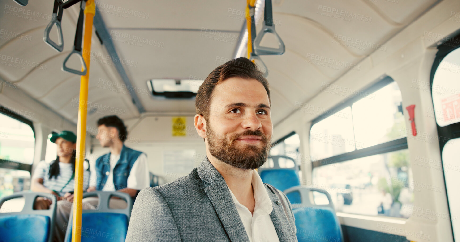Buy stock photo Business, idea and commute with man on bus for reflection, journey and meeting schedule. Public transportation, vision and thinking with person in tram vehicle for travel, professional and passenger