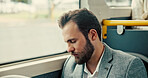 Bus, sleeping and business with man, travel and tired with public transportation. Person, commute and girl with fatigue, nap and exhausted with burnout, overworked and window with urban journey
