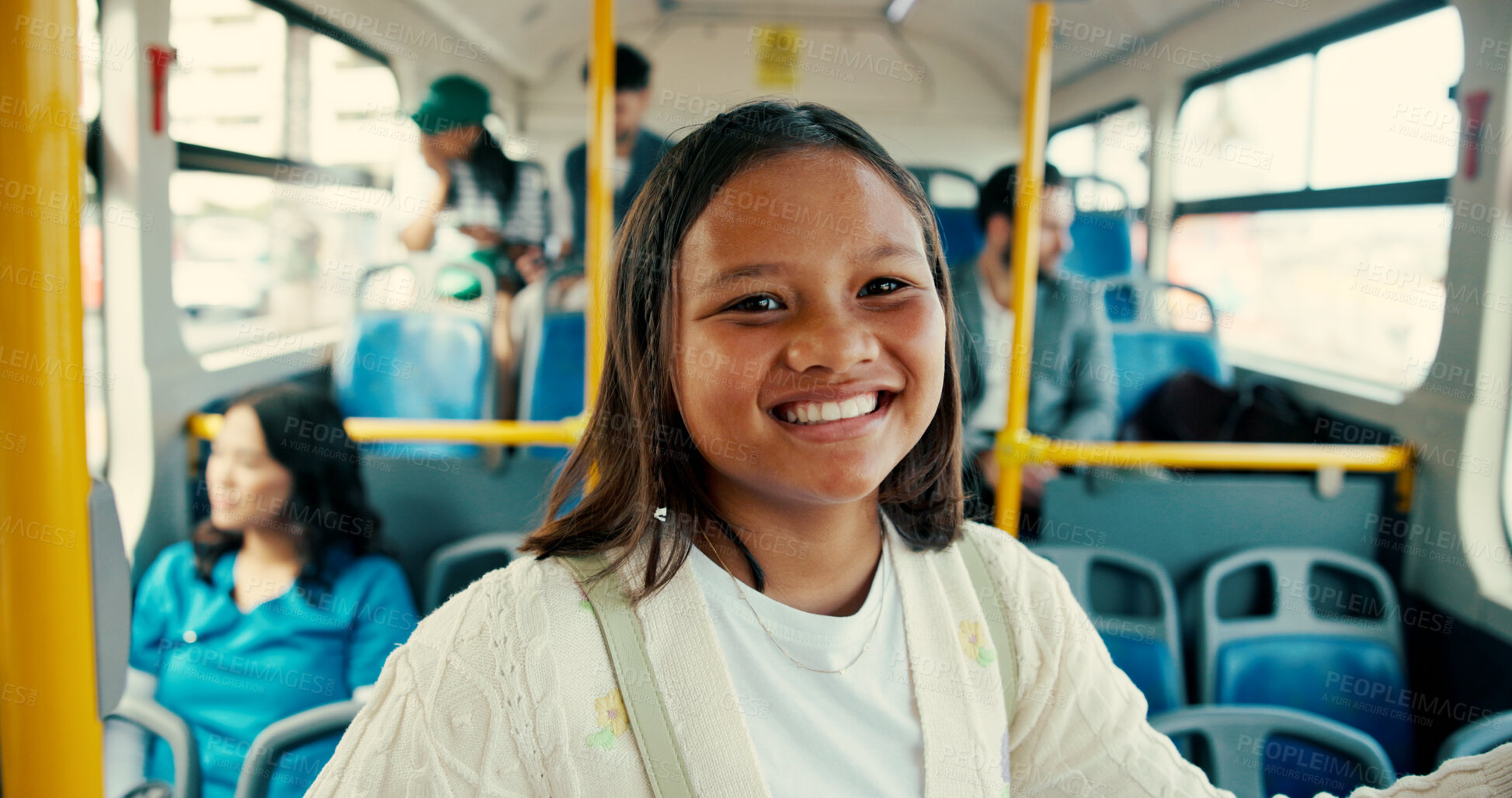 Buy stock photo Portrait, bus and girl with smile, teenager and travel with public transportation. Face, people and child with morning commute to school, urban journey or excited with safety or passenger in New York