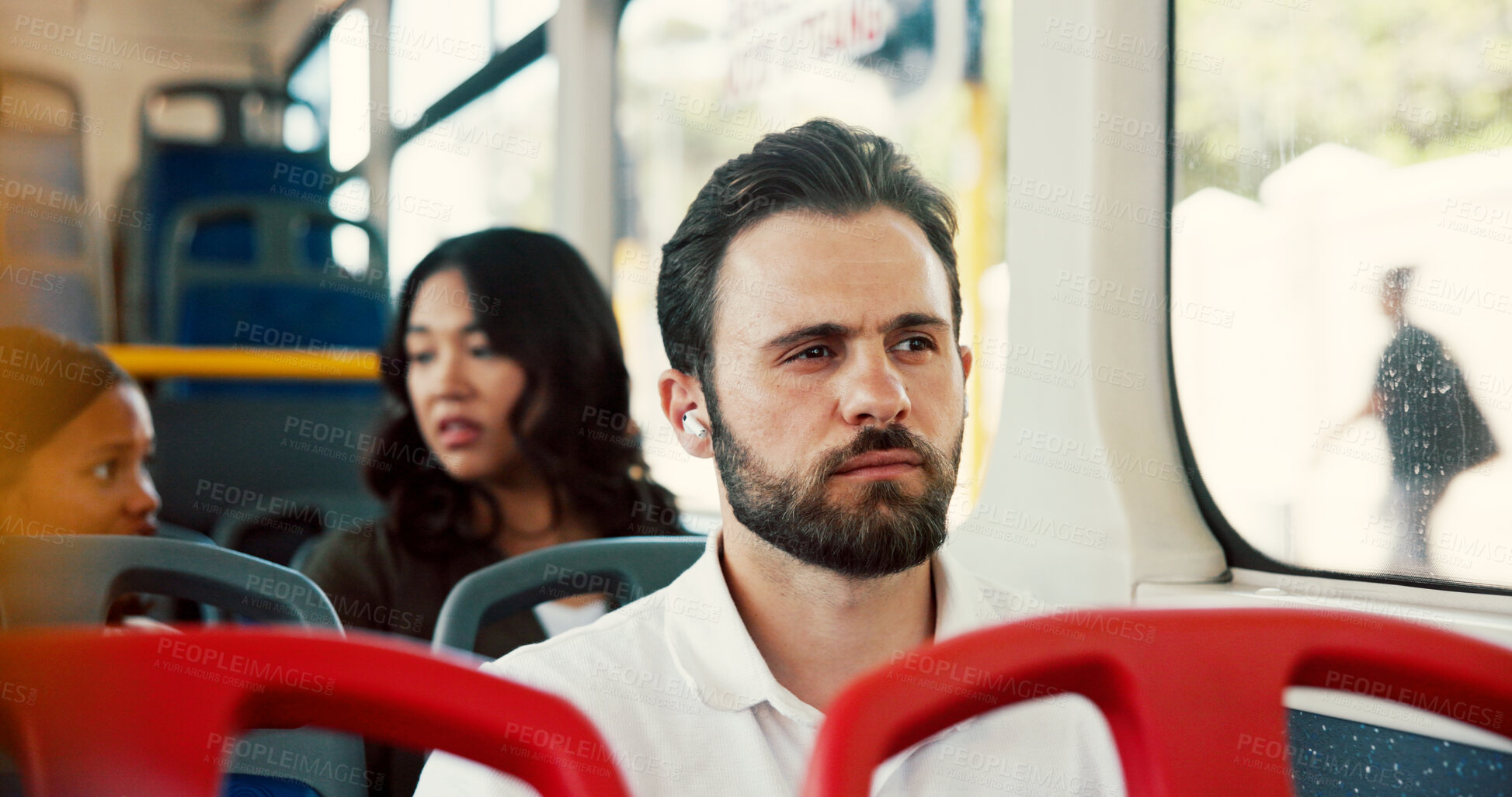 Buy stock photo Bus, travel and business man with earphones in city by window for journey, morning commute and trip. Public transport, passenger and person on vehicle listening to podcast, audio and radio in town