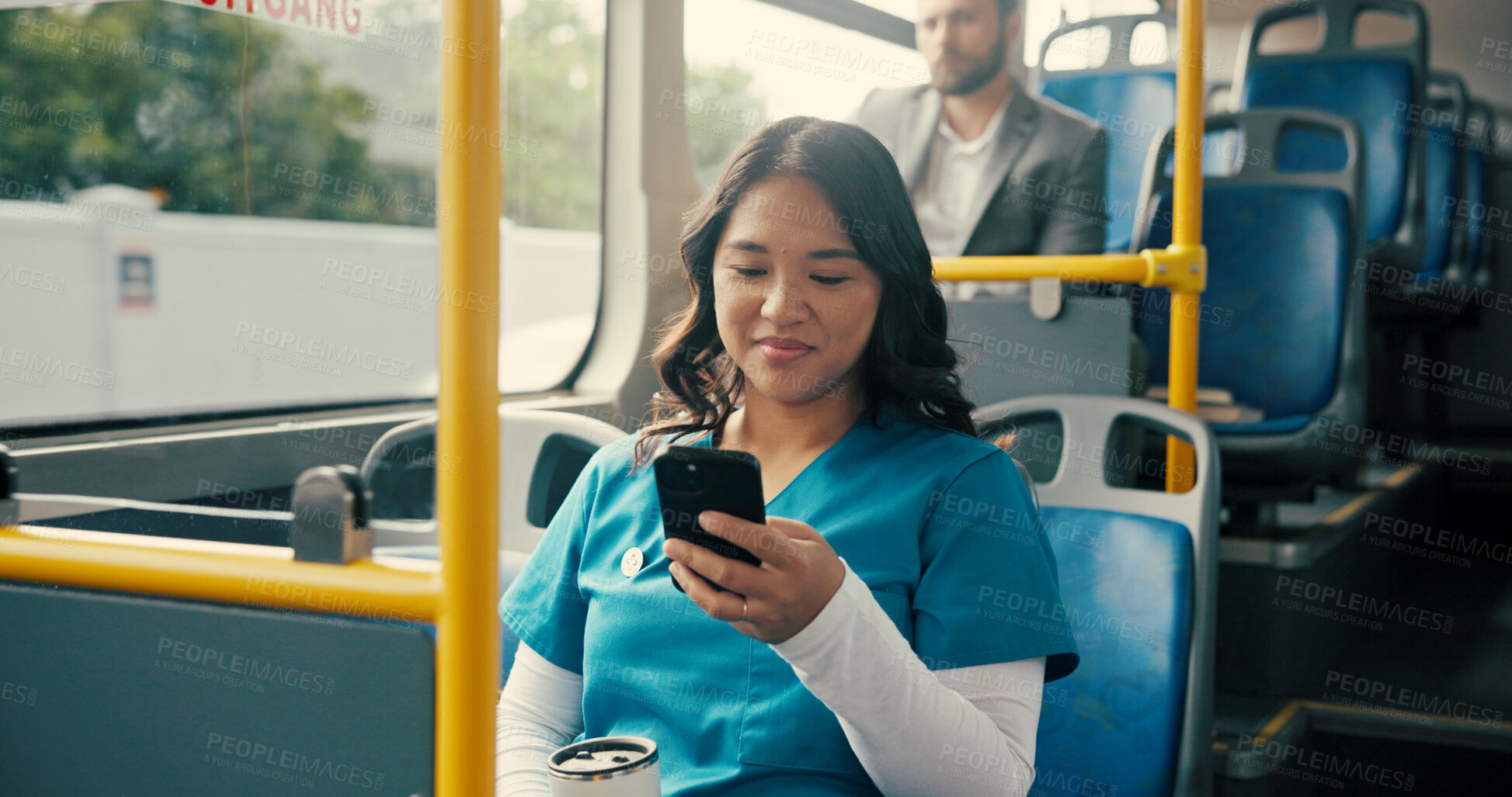 Buy stock photo Bus, nurse and woman with cellphone, commute and communication with public transport. Person, healthcare professional or employee with smartphone, texting and app for work schedule, travel or message