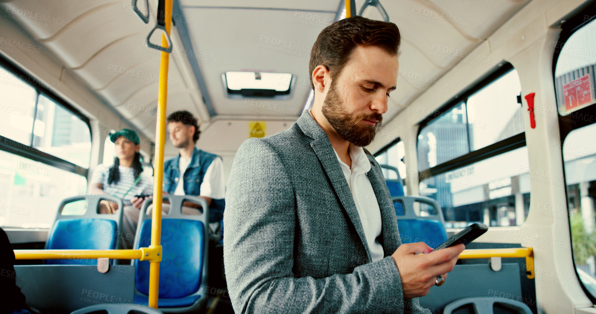 Buy stock photo Businessman, phone and texting in bus, commute and check notification with mobile app, email and chat. Person, smartphone and contact on social network, web and travel with public transportation