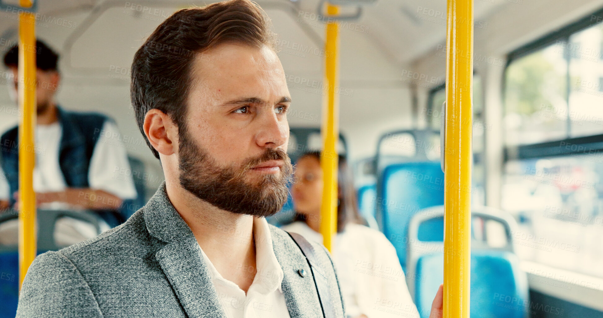 Buy stock photo Business, thinking and travel with man on bus for reflection, journey and meeting schedule. Public transportation, vision and idea with person in tram vehicle for passenger, commuter and destination