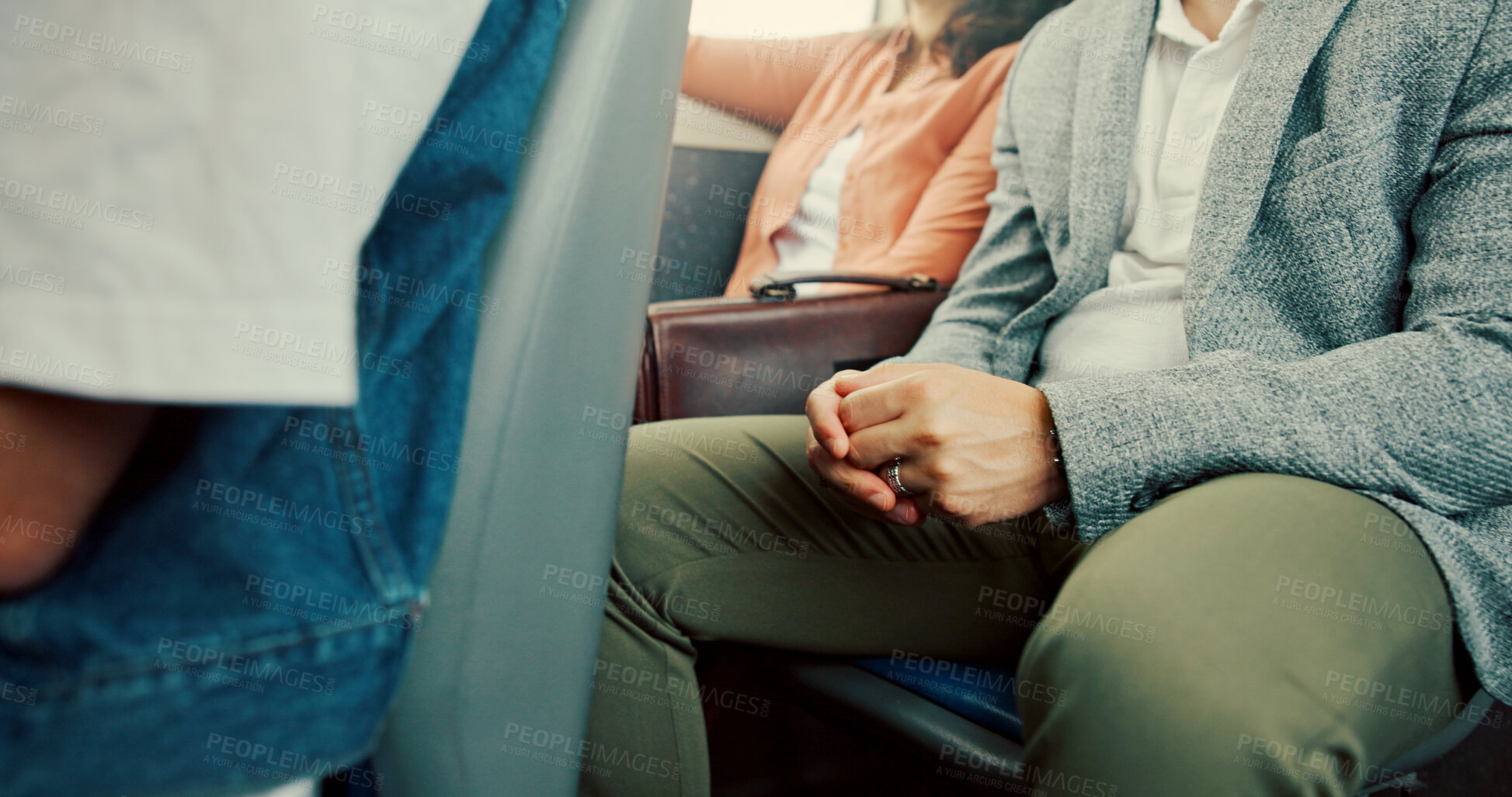 Buy stock photo Bus, travel and hands of nervous businessman with delay, morning commute and traffic. Late, fidgety or professional worker with public transportation, anxiety and stress with appointment and worry