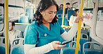 Bus, nurse and woman with cellphone, travel and communication with public transport. People, healthcare professional and employee with smartphone, morning commute and texting with stress and late