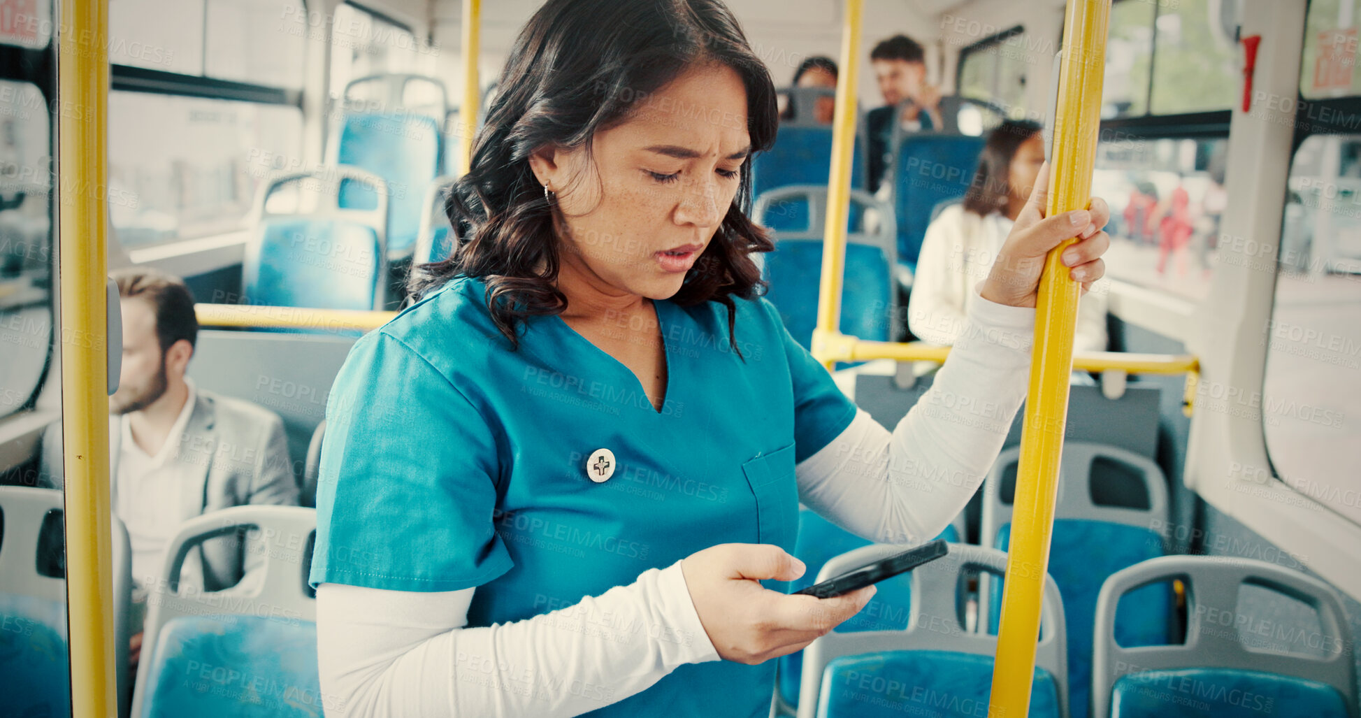 Buy stock photo Bus, nurse and woman with cellphone, travel and communication with public transport. People, healthcare professional and employee with smartphone, morning commute and texting with stress and late