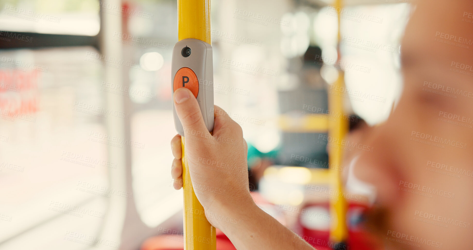 Buy stock photo Button, hand and route with person on bus for commute, travel or stop at destination. Location, public transport and trip with passenger holding railing for balance or stability in transit vehicle