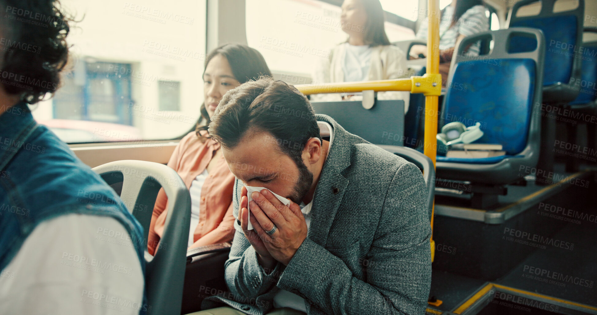 Buy stock photo Sneeze, tissue or sick man on bus to travel with flu symptoms, sinus illness or bacteria. Nose, virus or person in city with nasal infection on public transport for allergy season or morning commute